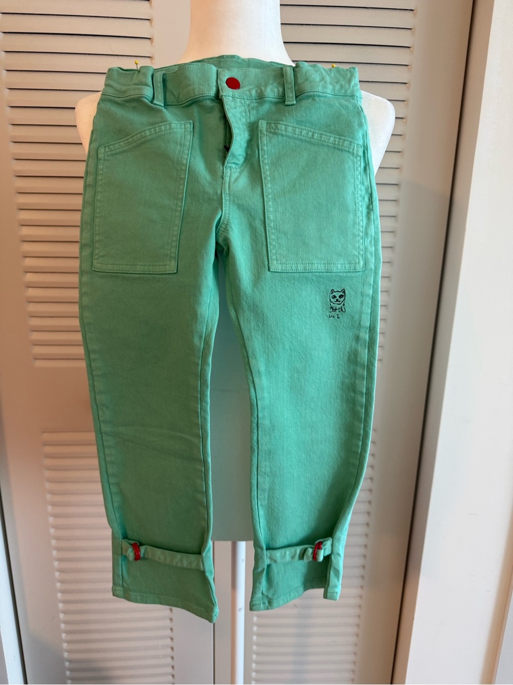 Bobo Choses Mint Green Kids Jeans with Cat Patch